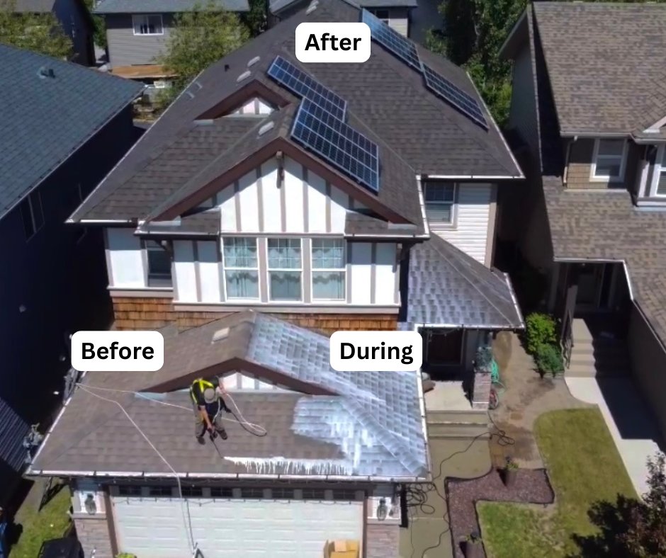 Aerial view of a roof mid treatment showing the before, during and after sections