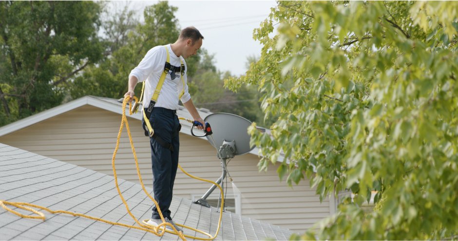 Roofer in a safety harness applying treatment on a shingle roof
