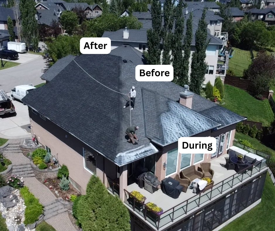 Aerial view of a home roof during treatment
