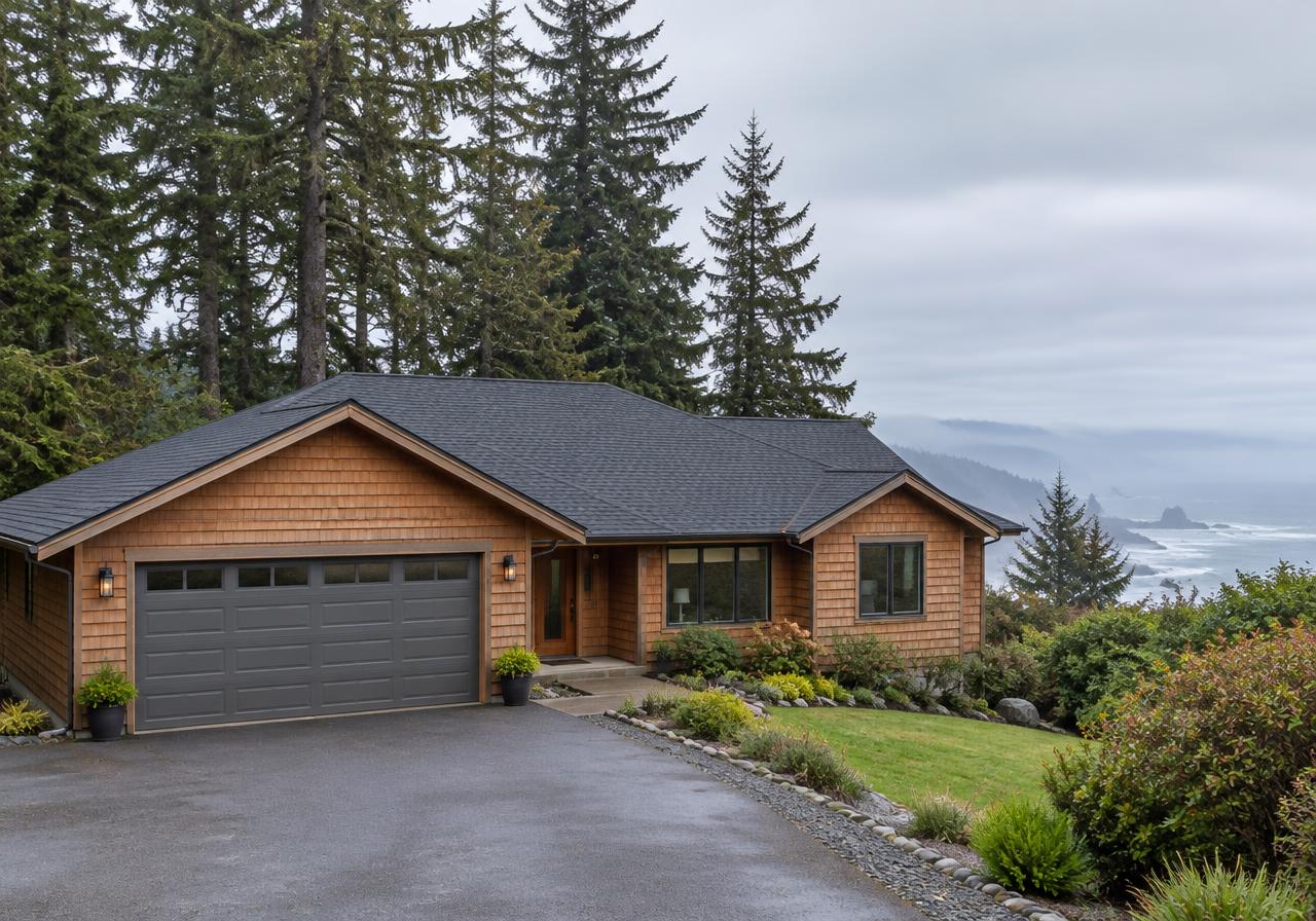 Cedar sided coast home with a new charcoal shingle roof and spruce behind