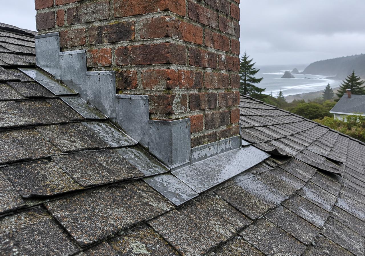 Step flashing around a brick chimney on a weathered shingle roof